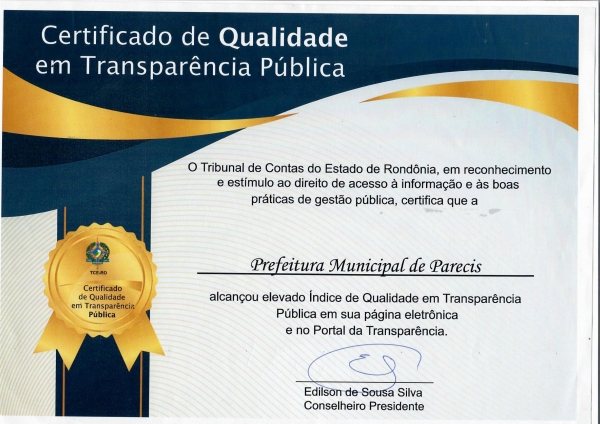 TRIBUNAL DE CONTAS CONCEDE CERTIFICADO DE TRANSPARÊNCIA A PREFEITURA MUNICIPAL DE PARECIS