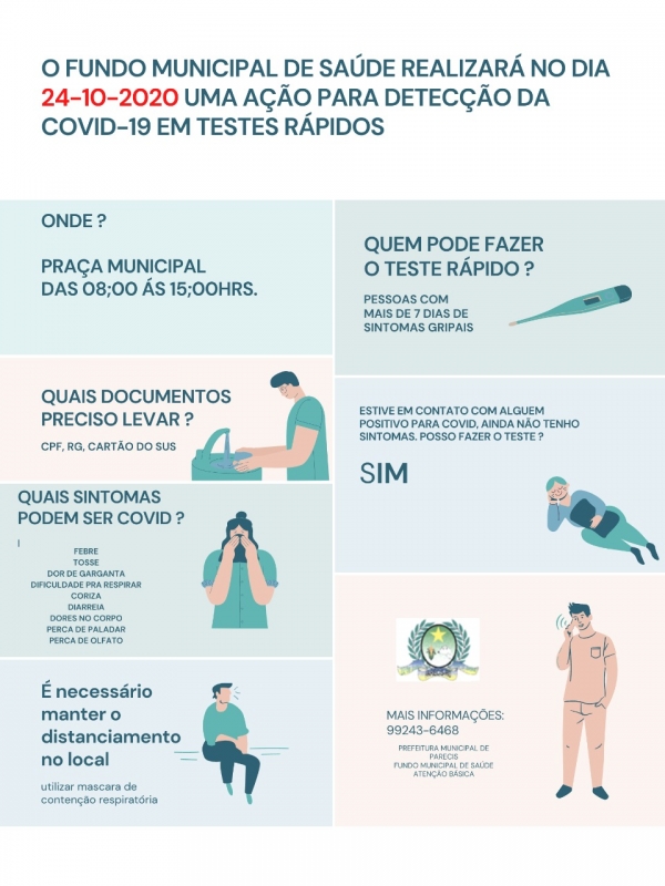 O FUNDO MUNICIPAL DE SAUDE REALIZARA NO DIA 24-10-2020 UMA AÇÃO PARA DETECÇÃO DA COVID-19 EM TESTE RÁPIDOS 