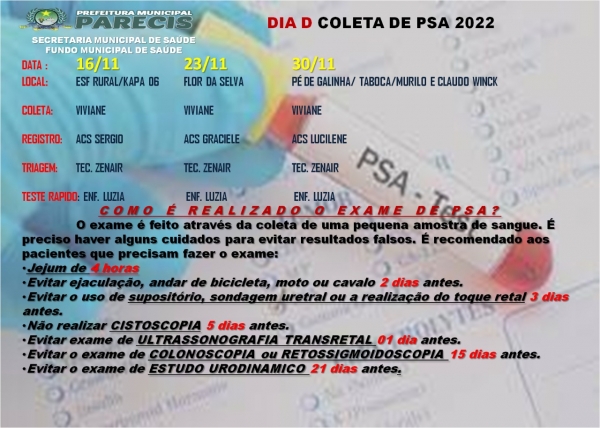 DIA D COLETA DE PSA 2022. PAECIS/RO. EXAMES