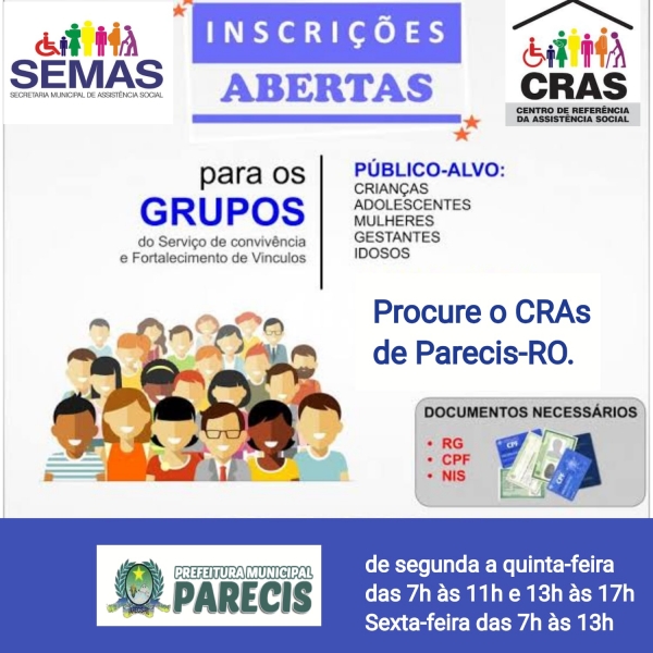 INSCRIÇÕES ABERTAS NOS GRUPOS DE CONVIVÊNCIA DO CRÁS.  SCFV.