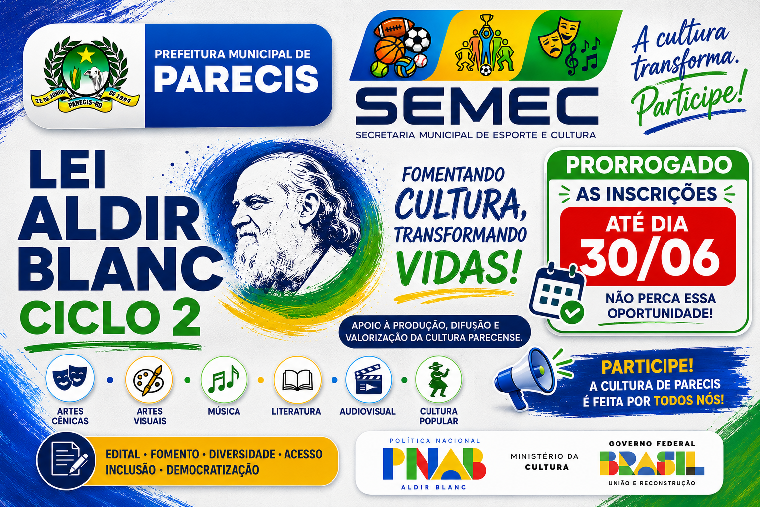 Lei Aldir Blanc CICLO 2 inscrições! prorrogado até dia 30 de Junho